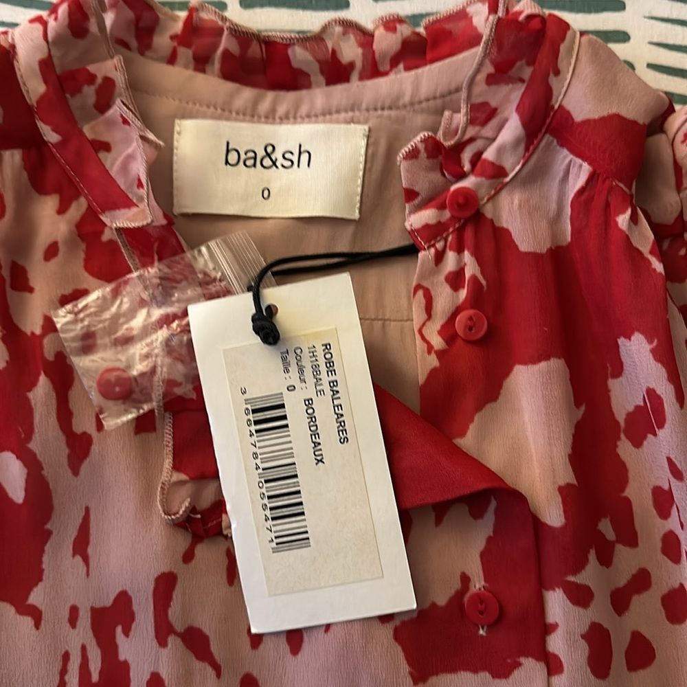 BA&SH Balearic Asymmetrical Dress Ruffled collar in Bordeaux Size 4US/XS NWT - Picture 3 of 16